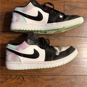 Jordan 1 Low Tops. Black, white and teal/purple tie-dye